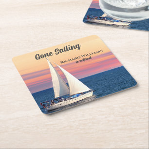 Retirement Gone Sailing Sailboat Sunset Ocean Square Paper Coaster
