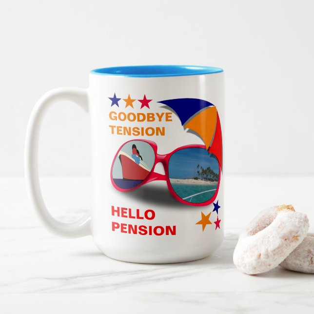 Retirement Goodbye Tension Hello Pension Funny Two-Tone Coffee Mug (With Donut)