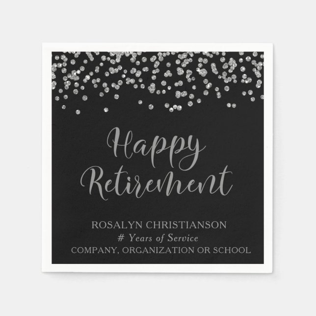 RETIREMENT Handwritten Script Silver Confetti Name Napkin (Front)
