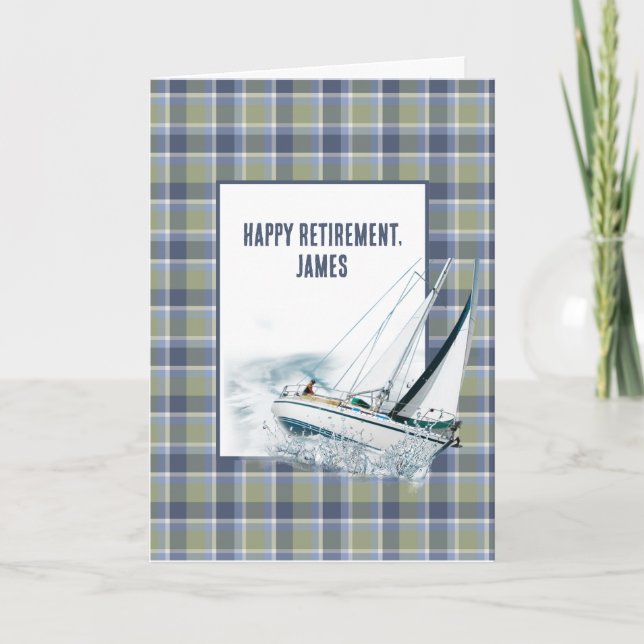 Retirement Heeling Sailboat On Plaid Card (Front)