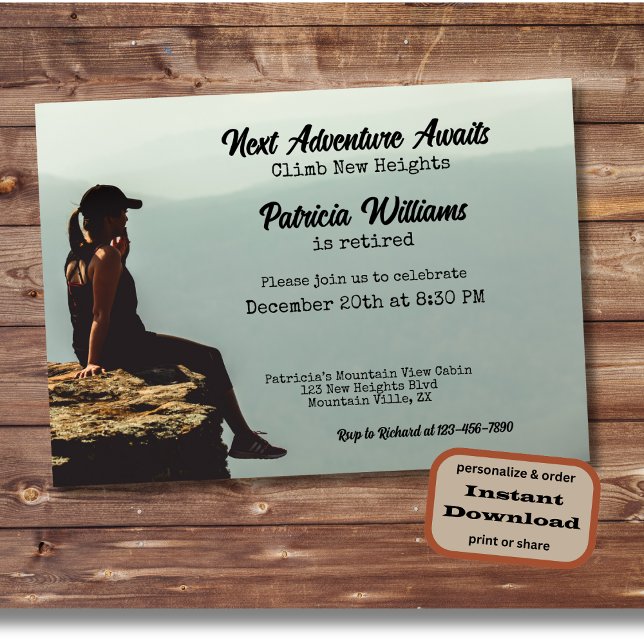 Retirement Hiking Next Adventure Woman on a Cliff Invitation (Creator Uploaded)