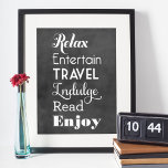 Retirement Inspiration Words Chalkboard Typography Poster<br><div class="desc">Retirement gift wall art poster print design features words that spell RETIRE in stylish white type: "Relax,  Entertain,  Travel,  Indulge,  Read,  Enjoy" with "Wishing you a very happy retirement" text.  Background has a textured black chalkboard appearance.</div>