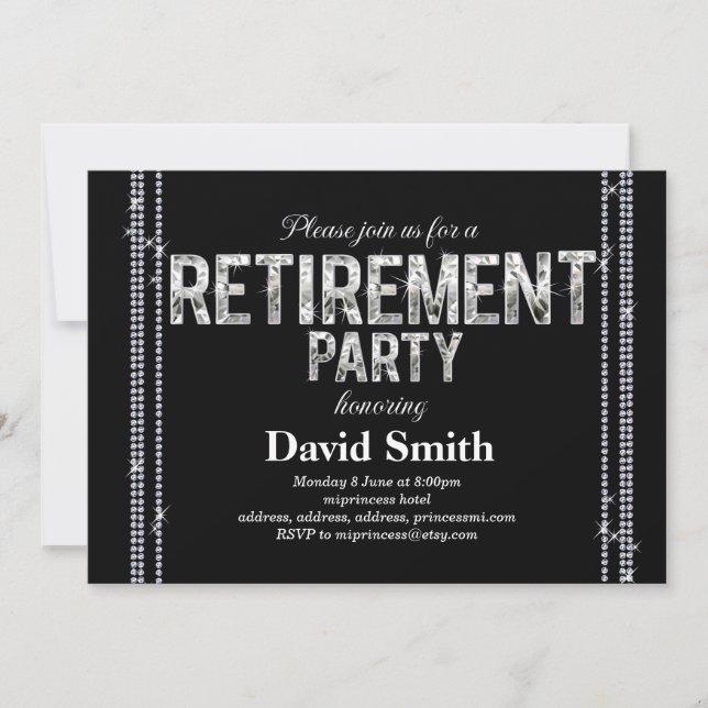 Retirement invitation, glitter, glam black invitation (Front)