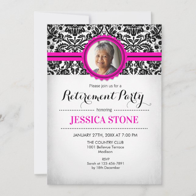Retirement Invitation Photo - Hot Pink Black White (Front)