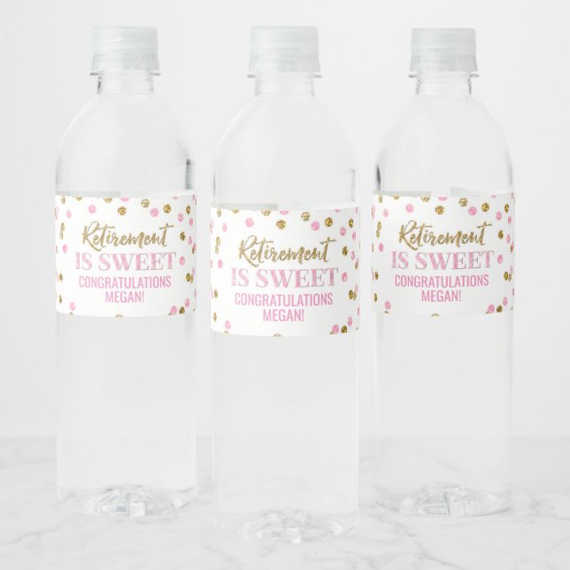 Retirement is sweet Pink Gold Confetti Water Bottle Label (Bottles)