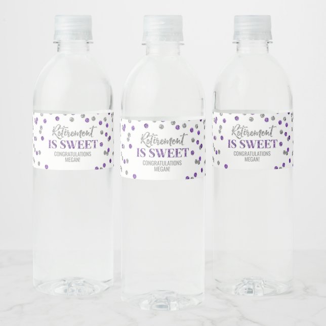 Retirement is Sweet Purple Silver Confetti Water Bottle Label (Bottles)