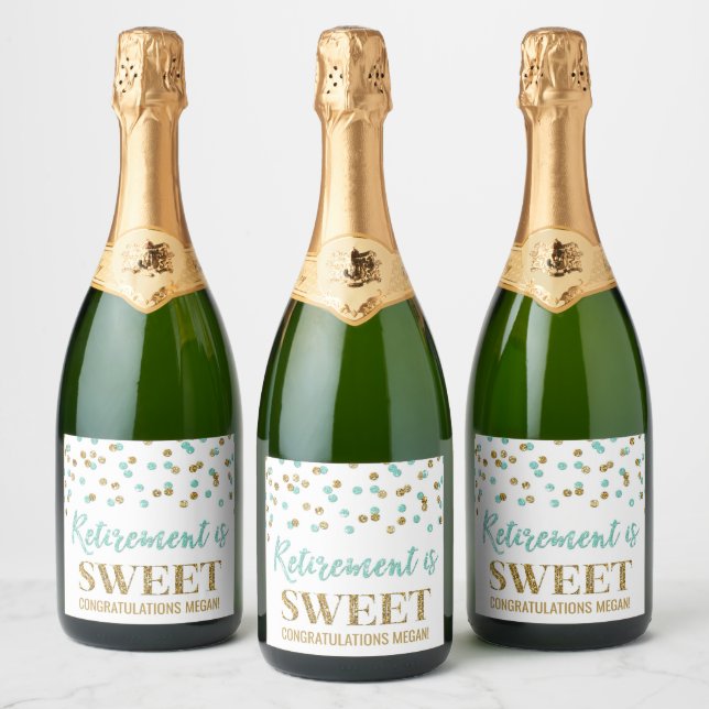 Retirement is Sweet Turquoise Gold Confetti Sparkling Wine Label (Bottles)