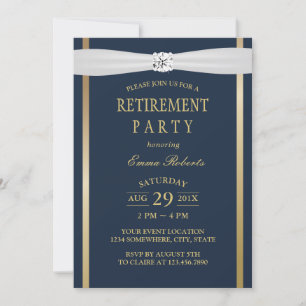 Retirement Ivory Ribbon Elegant Navy Blue & Gold Invitation