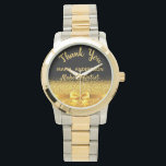 Retirement Makeup artist black gold thank you Watch<br><div class="desc">Elegant,  classic,  glamourous and feminine. A gift for a retired Makeup Artist.  A faux gold coloured bow and ribbon with golden glitter and sparkle,  a bit of bling and luxury. Black background. With the text: Thank You,  templates for a name and occupation,  profession.</div>