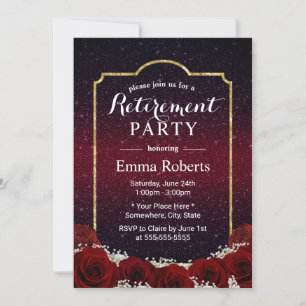 Retirement Modern Rose Floral Burgundy Red Glitter Invitation