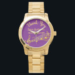 Retirement music teacher purple gold notes watch<br><div class="desc">Simple and elegant retirement gift for a female music teacher! A classic Purple coloured background with faux gold music notes. Template for a name,  and the thext: Thank You,  golden letters.   Thank you is written with a modern hand lettered style script.</div>