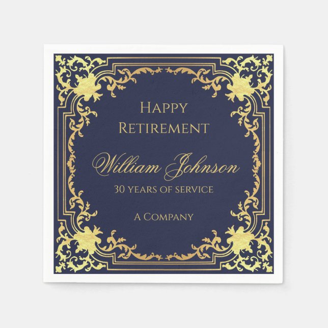 Retirement Navy Blue Elegant Script Faux Gold Foil Napkin (Front)