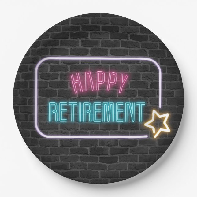Retirement Neon Sign On Brick Wall  Paper Plate (Front)