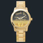 Retirement Nurse Midwife black gold thank you Watch<br><div class="desc">Elegant,  classic,  glamourous and feminine. A gift for a retired Nurse Midwife.  A faux gold coloured bow and ribbon with golden glitter and sparkle,  a bit of bling and luxury. Black background. With the text: Thank You,  templates for a name and occupation,  profession.</div>