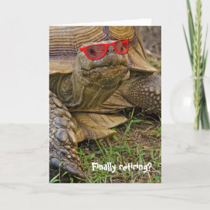 Retirement old tortoise in red sunglasses card