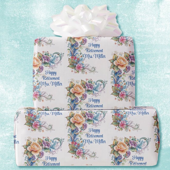 Retirement or Birthday Message Add Name Floral Wrapping Paper (Creator Uploaded)