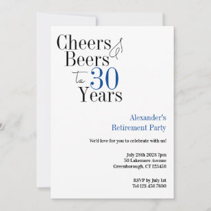 Retirement Party 30 Years Cheers and Beers Blue Invitation