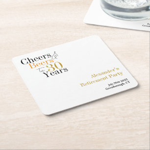 Retirement Party 30 Years Cheers and Beers Minimal Square Paper Coaster
