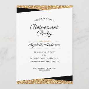 Retirement Party   Black and Gold Glitter Invitation