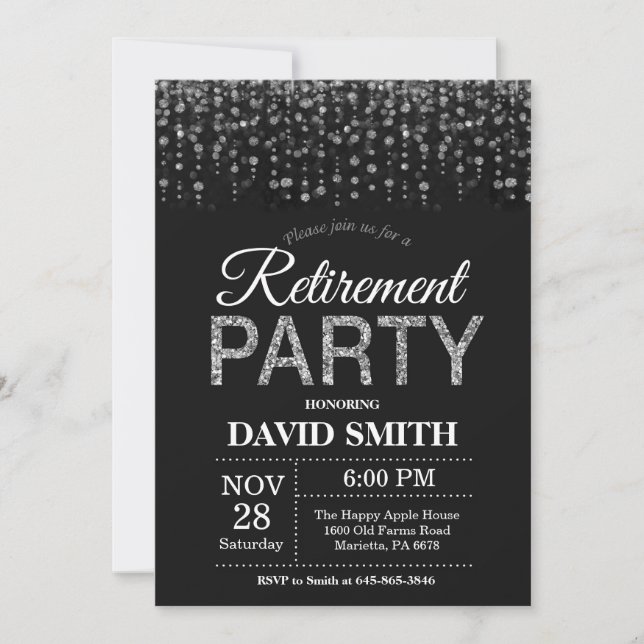 Retirement Party Black and Silver Glitter Invitation (Front)