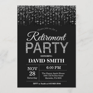 Retirement Party Black and Silver Glitter Invitation