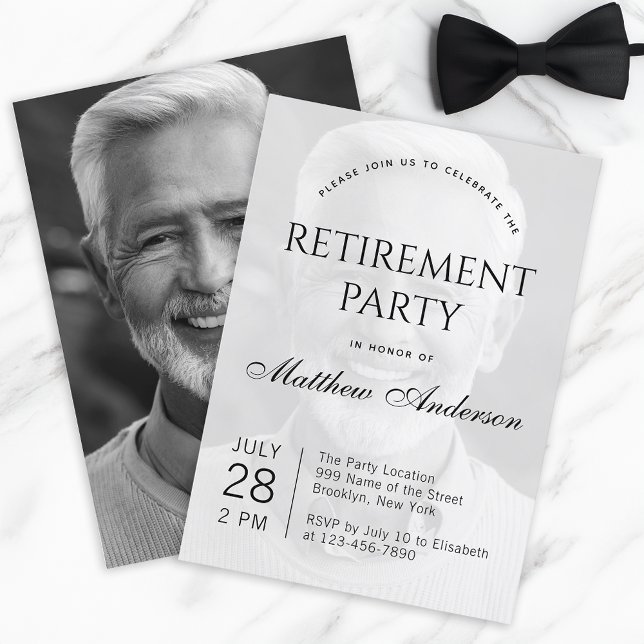 Retirement Party Black and White Transparent Photo Invitation (Creator Uploaded)