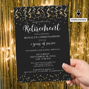 Retirement Party Black Gold Confetti Script Invitation