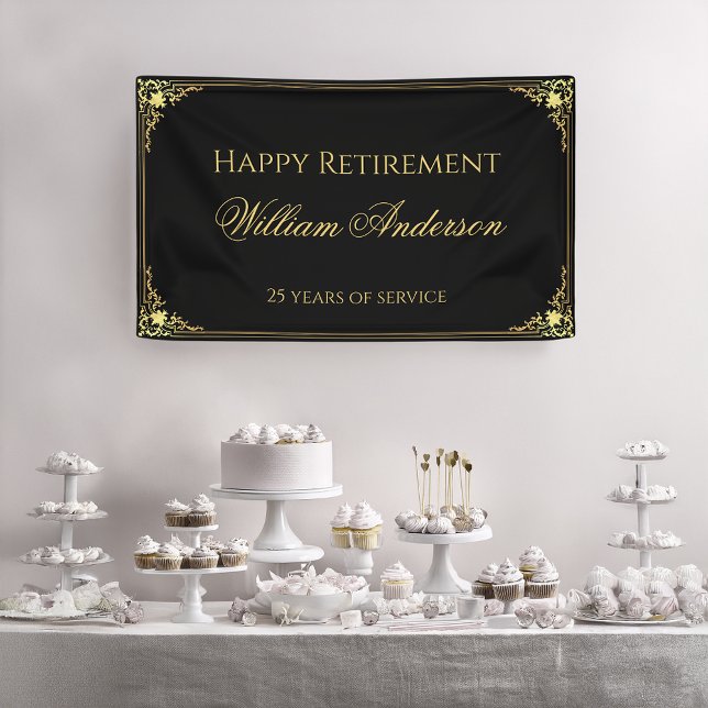 Retirement Party Black Gold Vintage Elegant Script Banner (Creator Uploaded)
