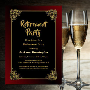 Retirement Party Black Red with Gold Frame Invitation