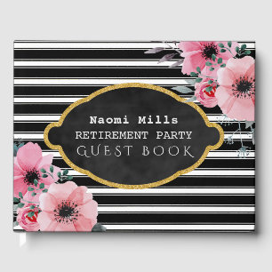 Retirement Party Black Stripes   Elegant Floral Guest Book