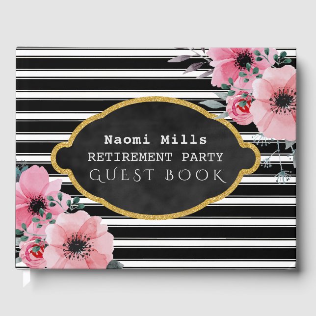 Retirement Party Black Stripes | Elegant Floral Guest Book (Front)