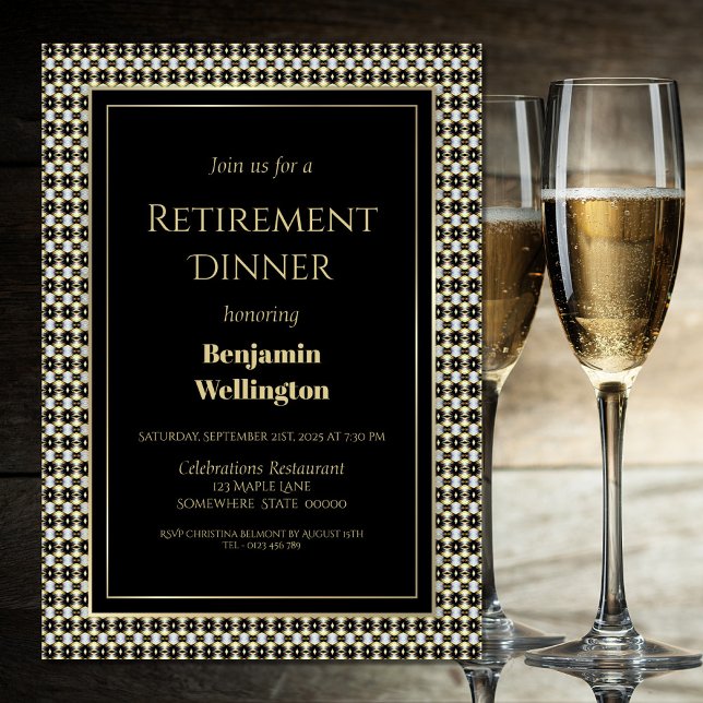Retirement Party Black White and Gold Dinner Invitation (Creator Uploaded)