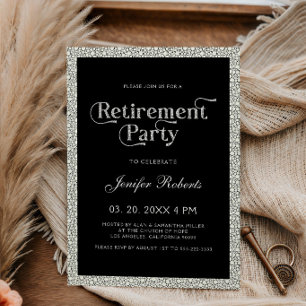 Retirement Party Black White Glittery Typography Invitation