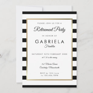 Retirement Party Black White Stripe Gold Photo Invitation