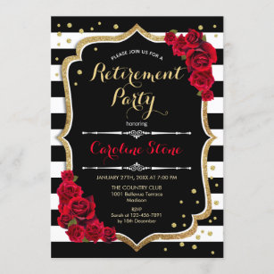 Retirement Party - Black White Stripes Roses Invitation