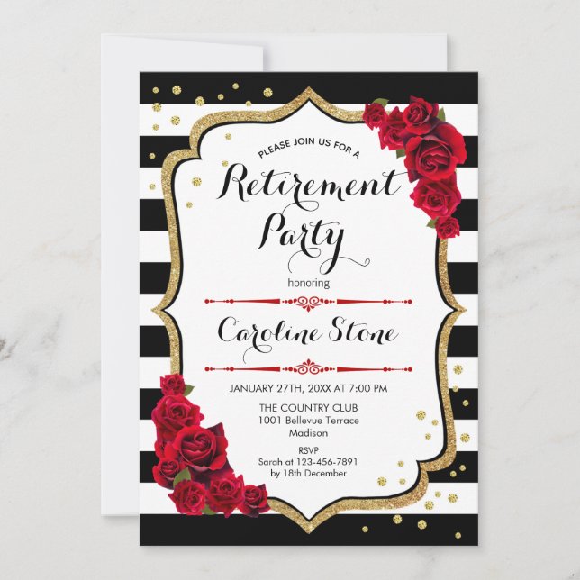 Retirement Party - Black White Stripes Roses Invitation (Front)