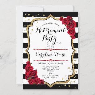 Retirement Party - Black White Stripes Roses Invitation