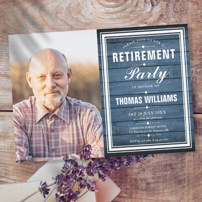 Retirement Party Blue Rustic Wood Photo Invitation (Creator Uploaded)