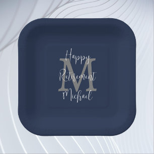 Retirement Party Blue White Grey Name Monogram Paper Plate
