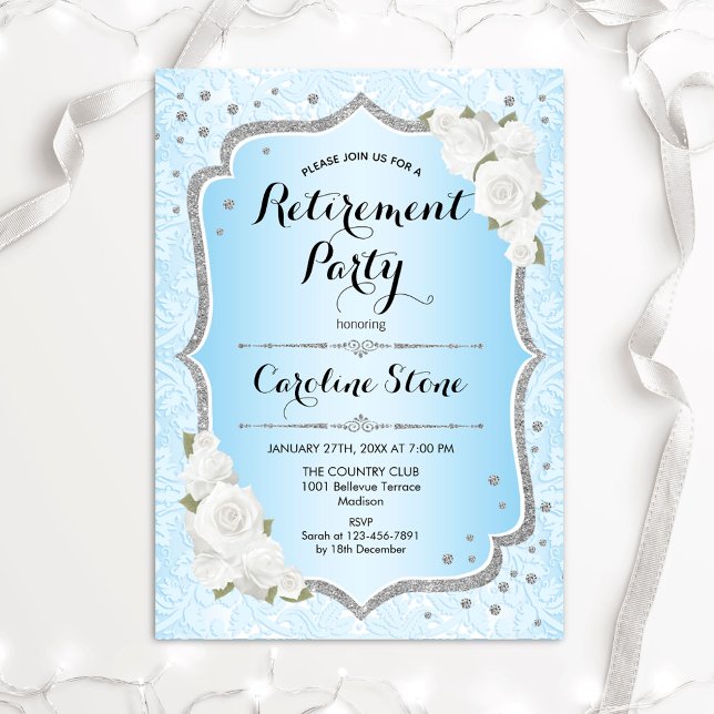 Retirement Party - Blue White Roses Invitation (Creator Uploaded)