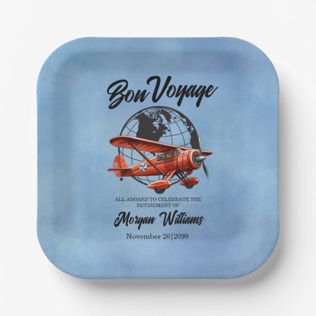 Retirement Party Bon Voyage Travel Globe Plane  Paper Plate (Front)