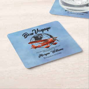 Retirement Party Bon Voyage Travel Globe Plane  Square Paper Coaster