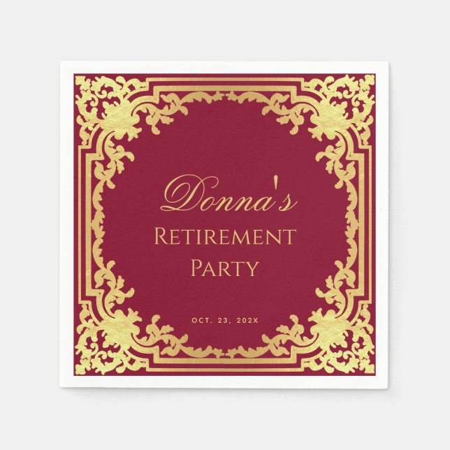 Retirement Party Burgundy Faux Gold Elegant Script Napkin (Front)