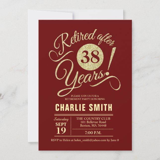 Retirement Party - Burgundy Maroon Gold Invitation (Front)