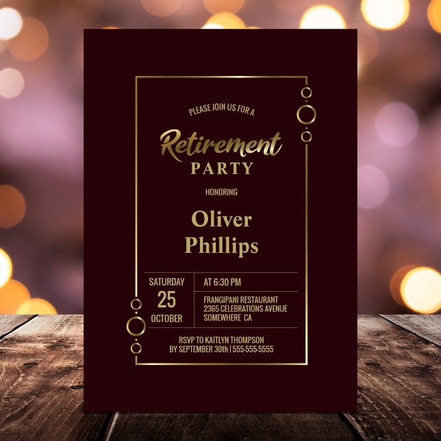 Retirement Party Burgundy with Gold Frame Party Invitation (Creator Uploaded)