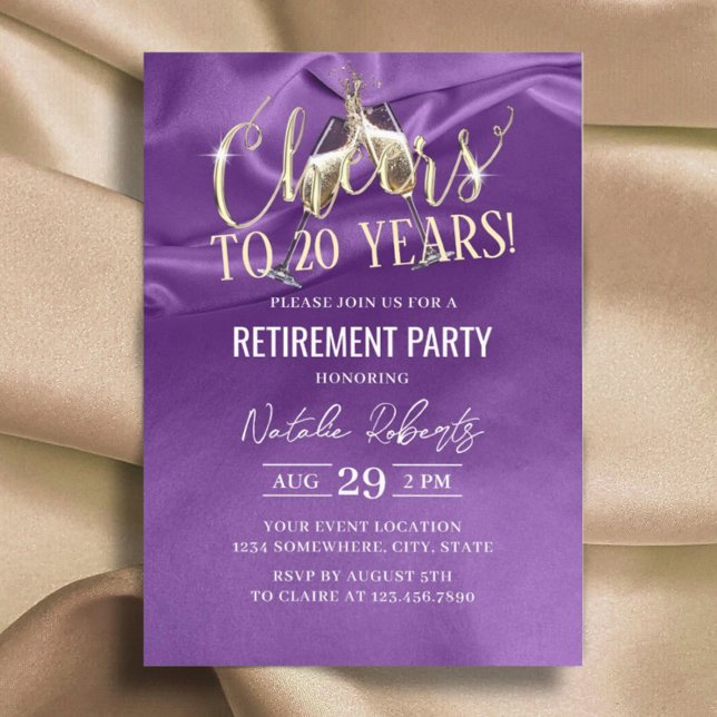 Retirement Party Champagne Cheers Purple Silk Invitation (Creator Uploaded)