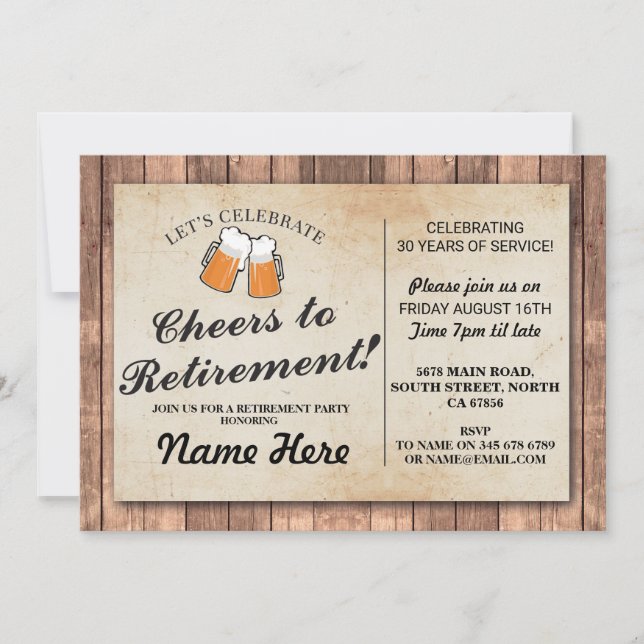 Retirement Party Cheers Beers Wood Pub Invitation (Front)