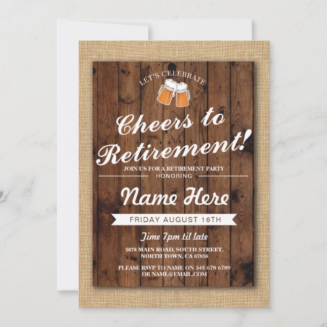Retirement Party Cheers Beers  Wood Pub Invite (Front)