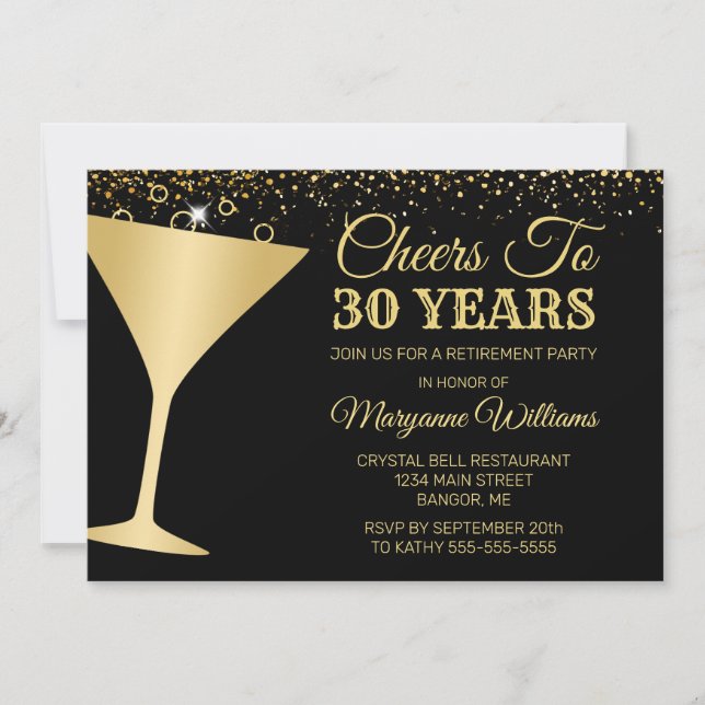 Retirement Party Cheers Champagne Glass Gold Black Invitation (Front)