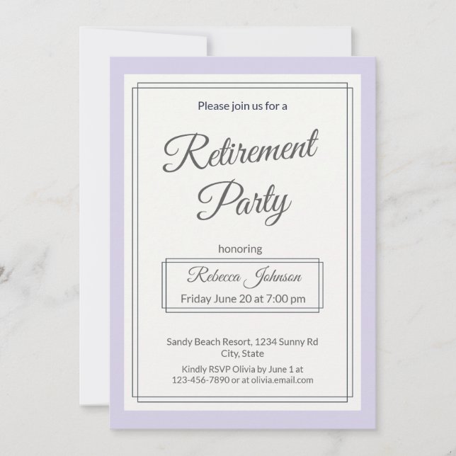 Retirement Party Classic Pale Purple And Cream Invitation (Front)